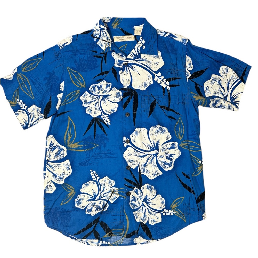 Blue Cayena Floral Men's Shirt Island Republic Short Sleeve Hawaiian Size M